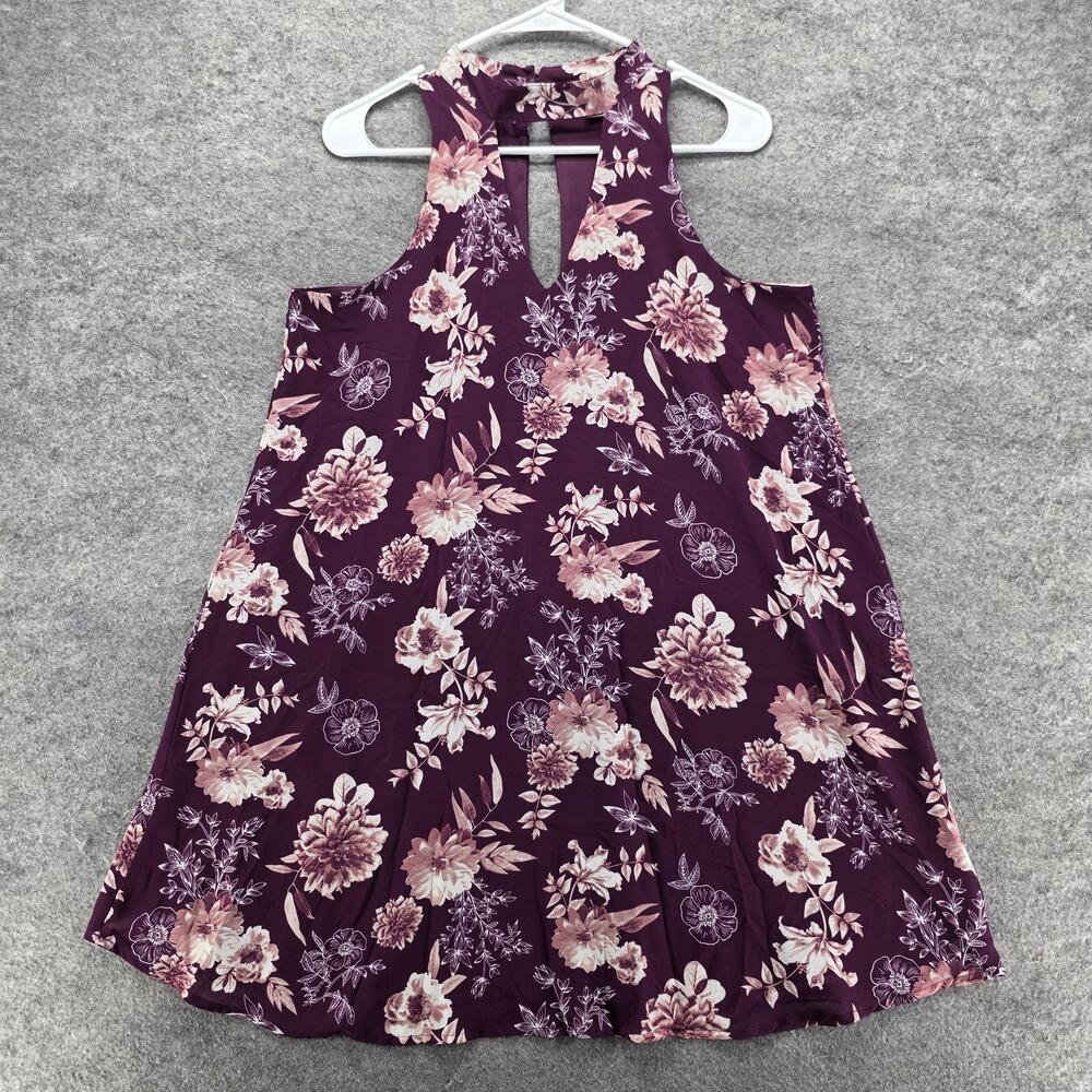 Miami Dress Womens M Purple Swing Trapeze Short Sleeveless Halter Keyhole Floral